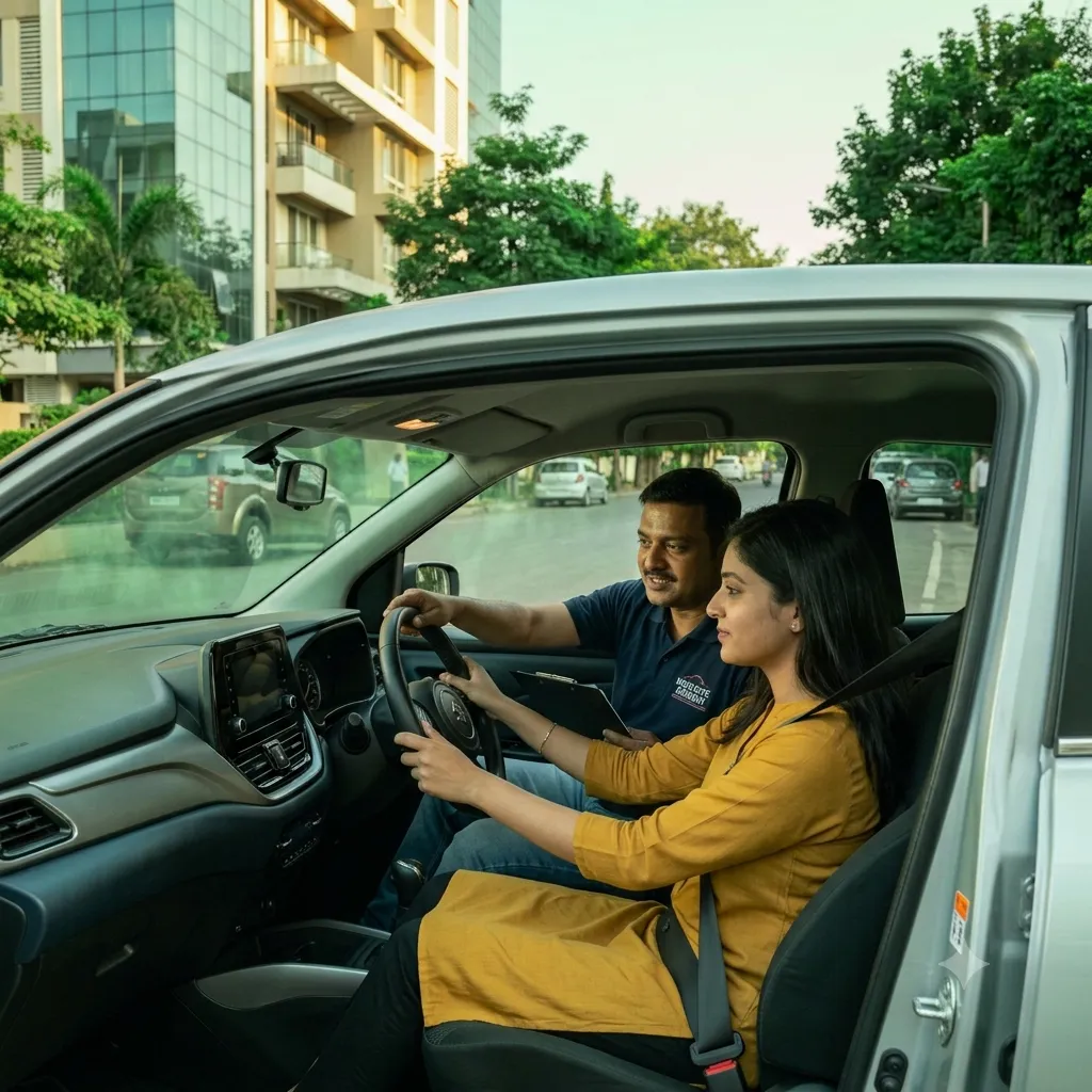 Instructor coaching a learner driver from the passenger seat
