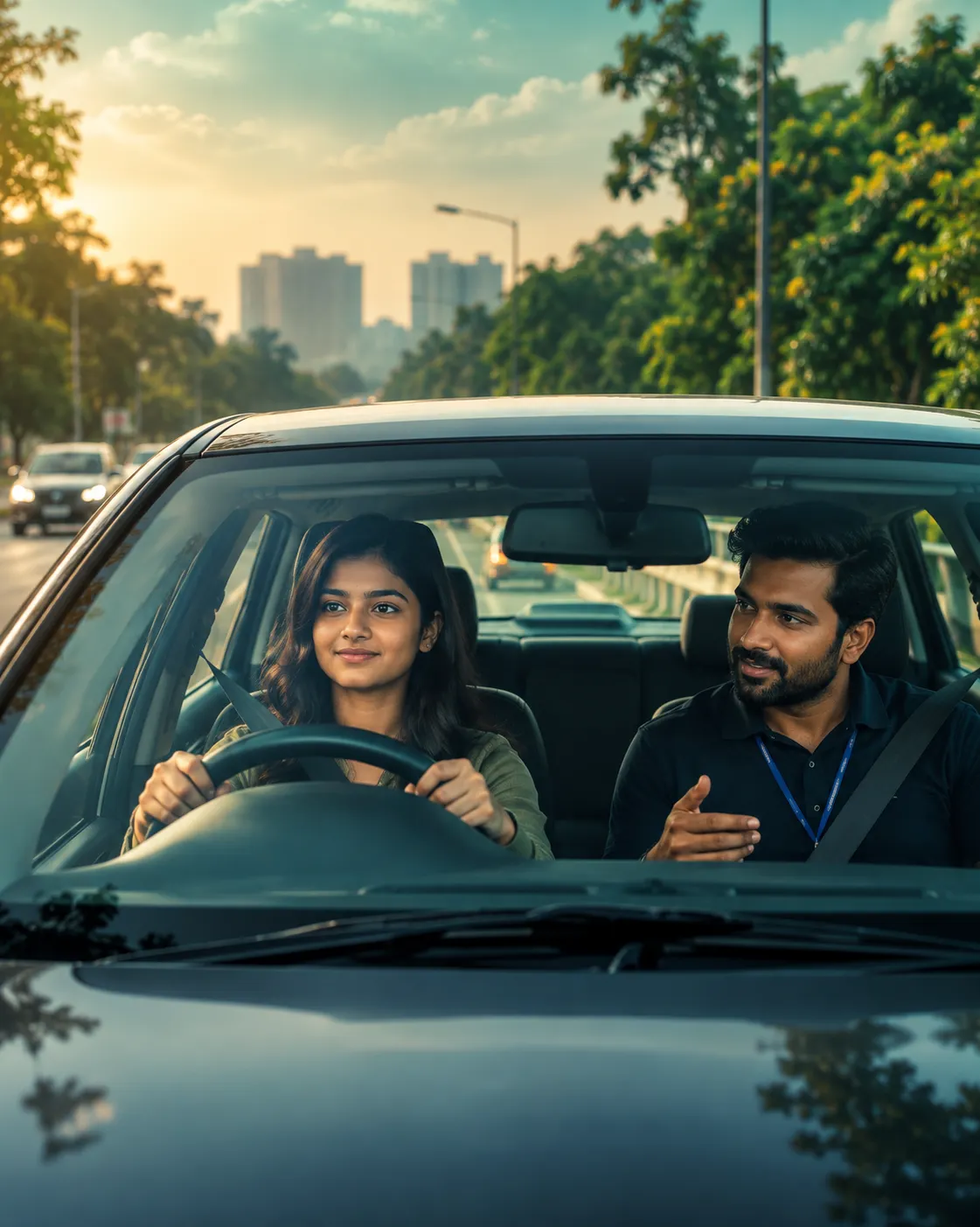 Beginner learning to drive with instructor guidance
