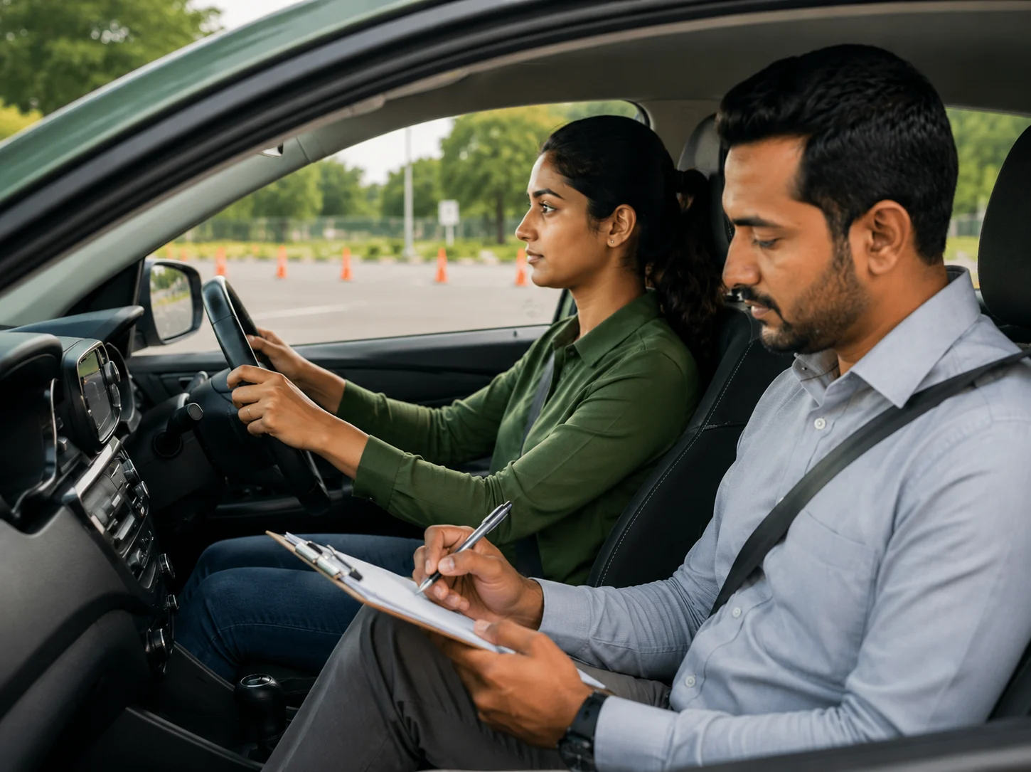 Instructor scoring a driver skill assessment during a defensive driving session