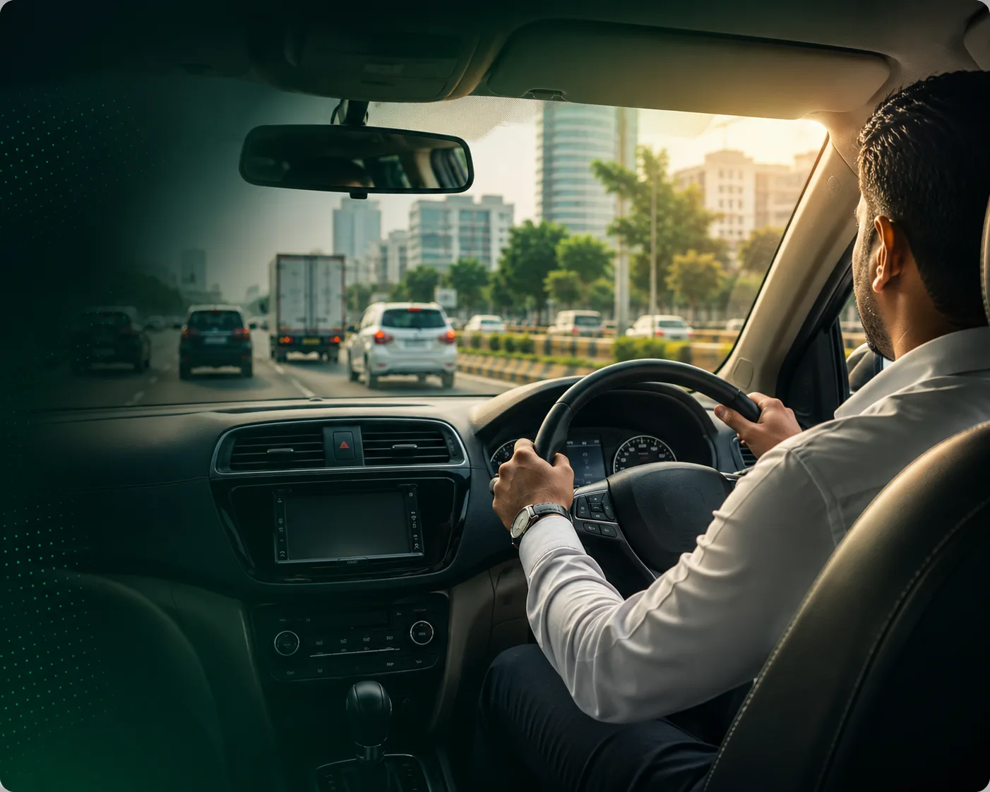 Driver's hands on the steering wheel while driving at dusk