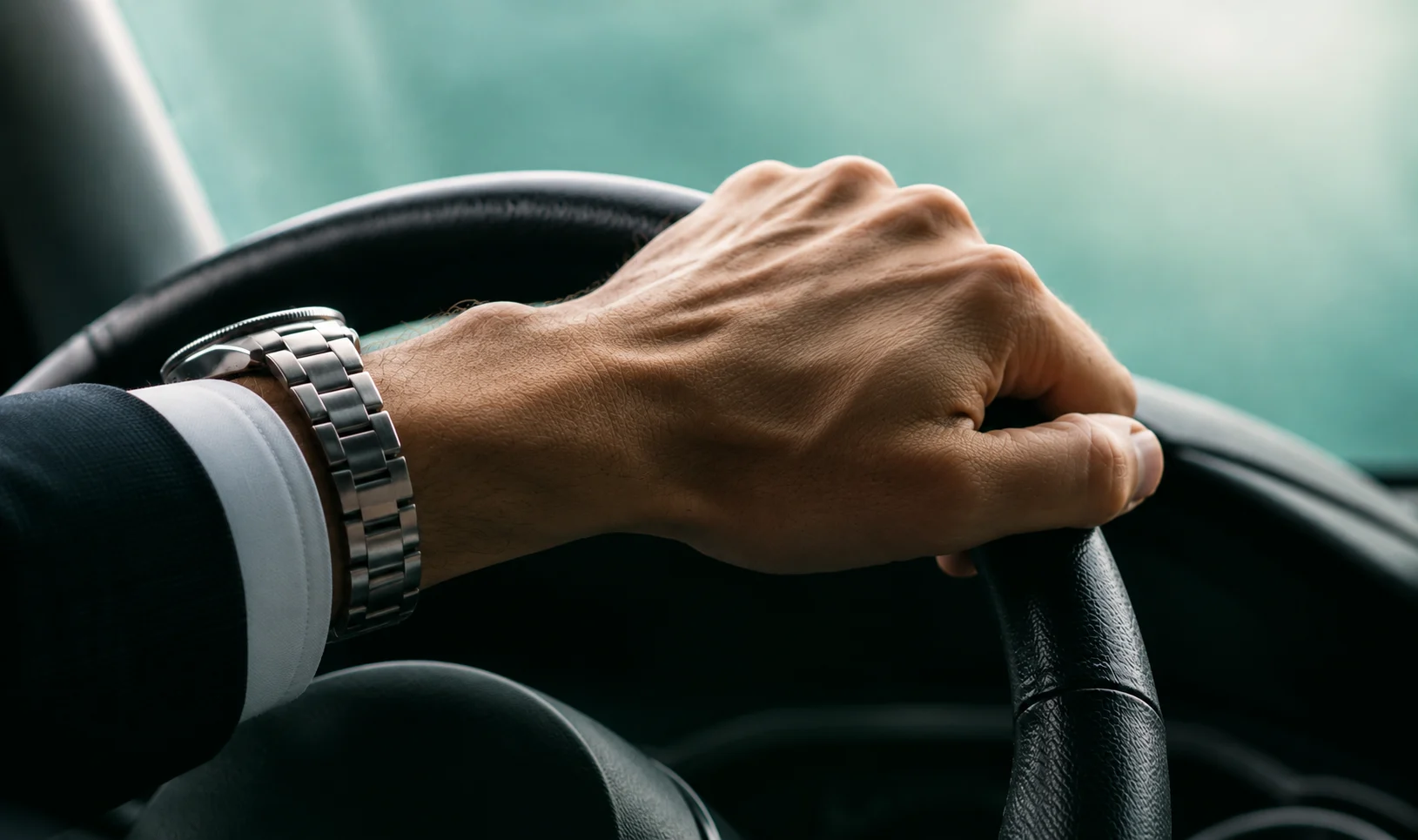 Hands gripping the steering wheel during driver training