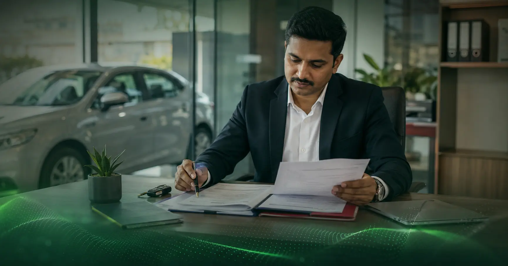 Advisor reviewing insurance and policy documents at a desk