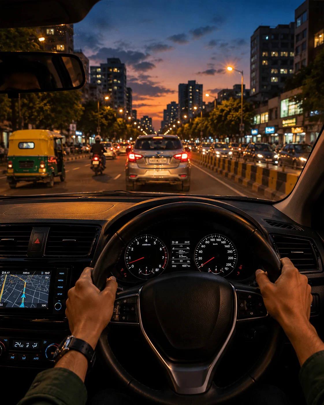 Hands on the wheel driving through the city at dusk