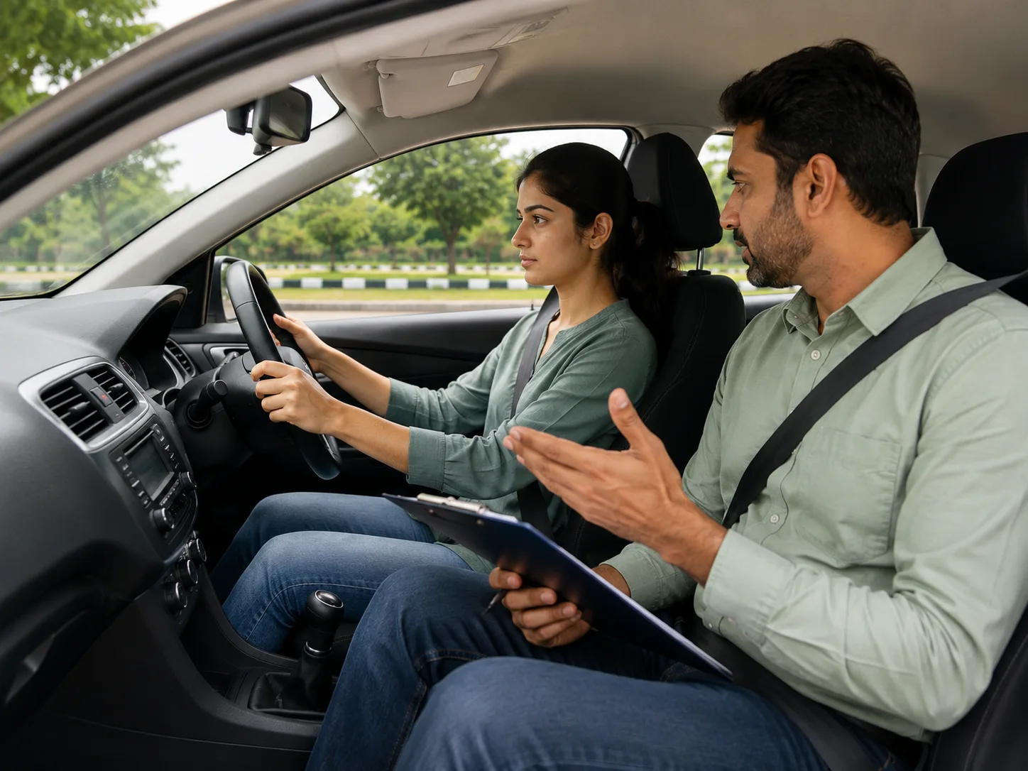 Instructor talking a returning driver through a manoeuvre, clipboard in hand