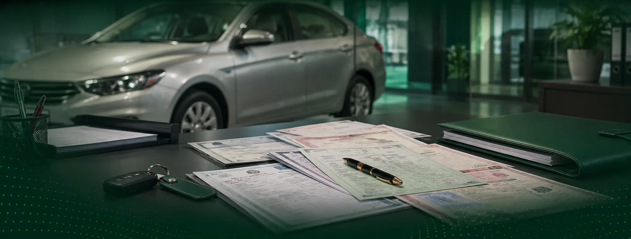 Vehicle registration papers, keys and documentation folder on a desk